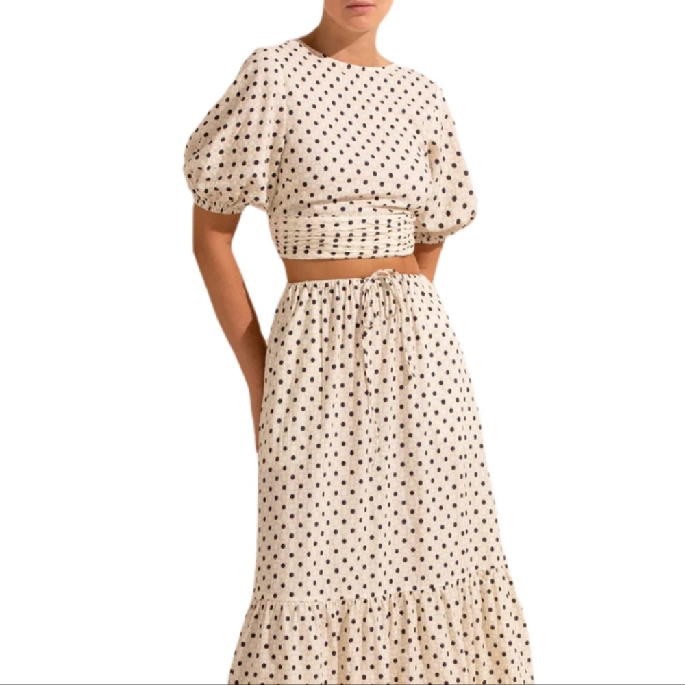 Peony Swimwear Resortwear Tie Front Crop Puff Sleeve Polka Dot Top - Picture 16 of 16